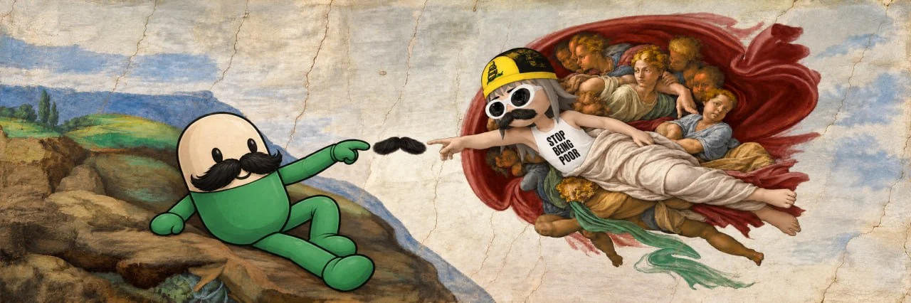 Two moustached PFP characters reaching for a moustache, painted like the Sistine Chapel